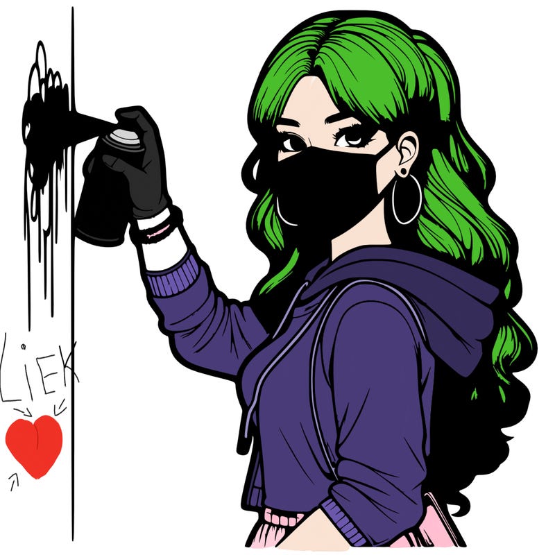 realistic girl with mask spray painting a wall