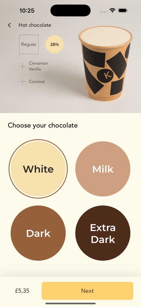 Mobile app interface for customizing a Knoops hot chocolate by choosing from white milk dark or extra dark chocolate