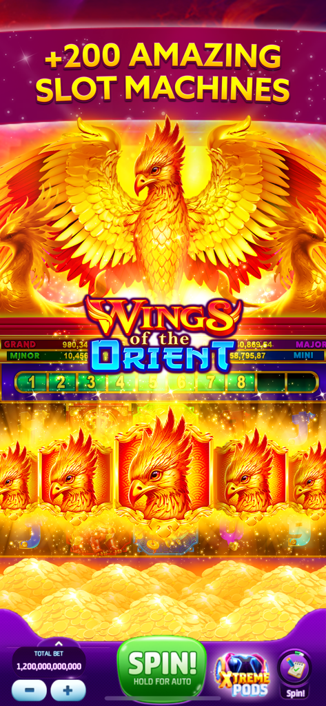 Slotomania™ Slots Machine Game - Schermata di gioco di Slotomania che mostra la slot machine Wings of the Orient con simboli di fenice dorata e pile di monete