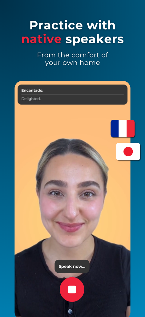Rocket Languages - A person practicing language conversation with a native speaker on the Rocket Languages app interface
