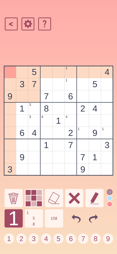 Classic Sudoku! - Juego de la aplicación móvil Classic Sudoku que muestra un puzle parcialmente completado con números candidatos y herramientas.