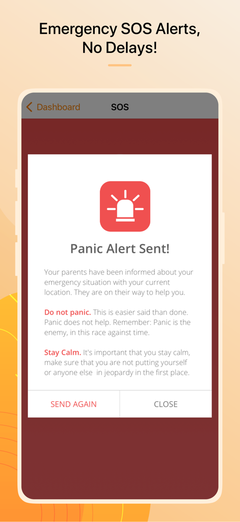 FamilyTime Jr. - FamilyTime Jr. app screen showing a Panic Alert Sent confirmation message with safety instructions for children.