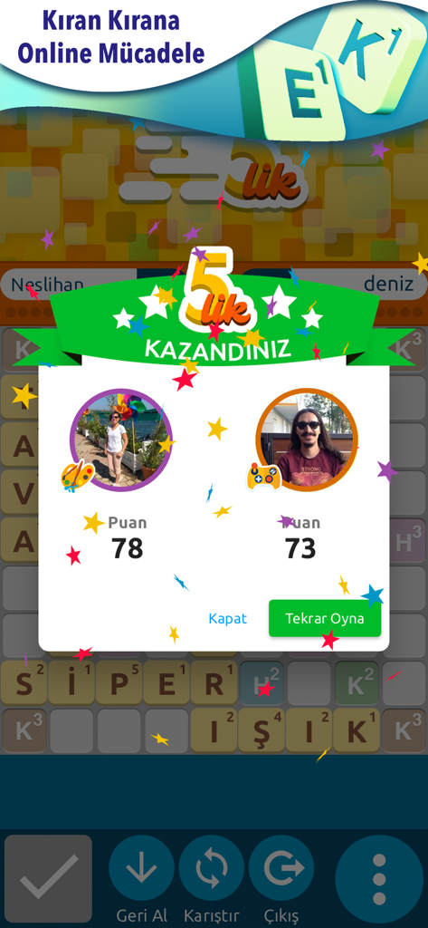 Écran de victoire du jeu de mots Kelimelik affichant les scores finaux d'un match compétitif entre deux joueurs.