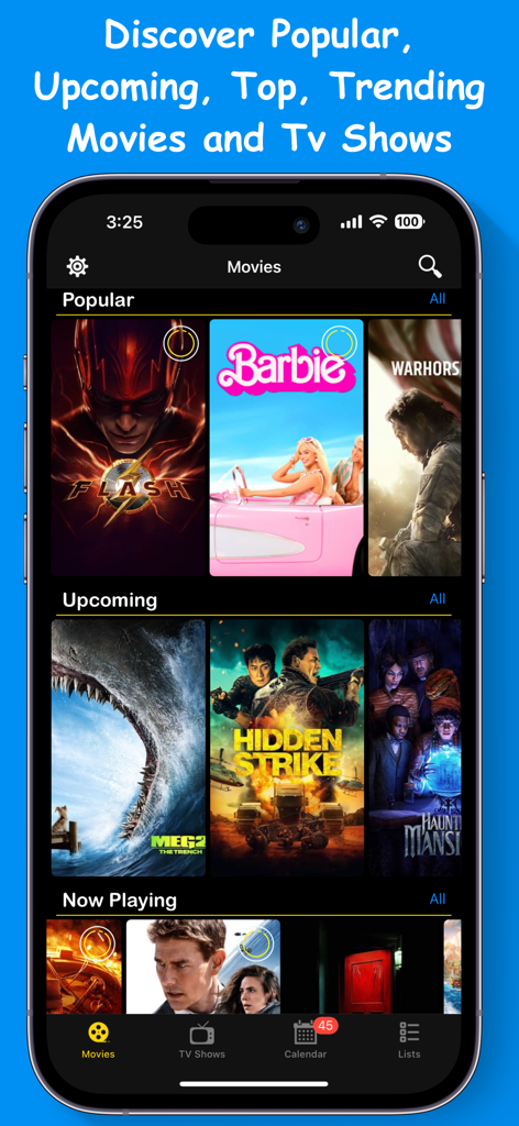 Movies Box & TV Show - Interface of the Movies Box and TV Show app showing popular and upcoming movie categories