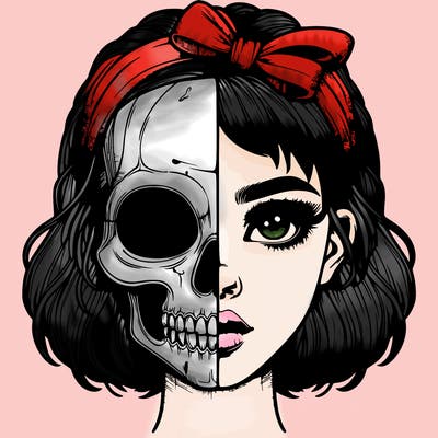 realistic girl with half skull mask