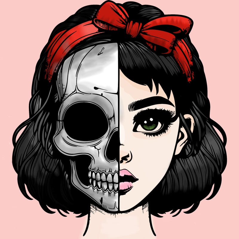 realistic girl with half skull mask