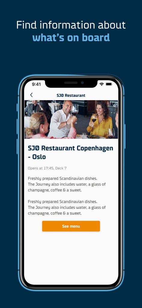 DFDSアプリのコペンハーゲンとオスロ間のフェリー旅行での船内レストラン情報とダイニングオプションを示すスクリーンショット。