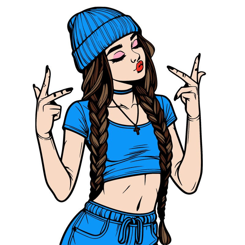 realistic teenage girl with braids and a beanie and crop top doing 🫶🏼