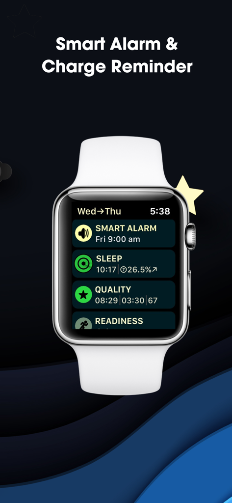 AutoSleep: Watch Sleep Tracker - Application AutoSleep sur un écran d'Apple Watch affichant les paramètres de l'alarme intelligente et les mesures de qualité du sommeil.