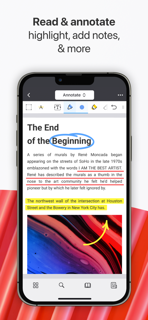 iPhone-Bildschirm, der die PDF Expert App mit Textmarkierungen und Anmerkungen zu einem Dokument zeigt