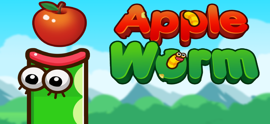AppleWorm Apple Game - Pantalla de título del juego AppleWorm que muestra un gusano de dibujos animados y una manzana roja