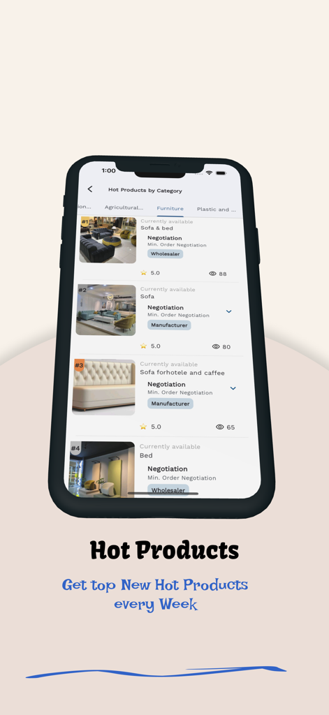 Ghioon B2B app interface displaying hot furniture products for wholesale negotiation