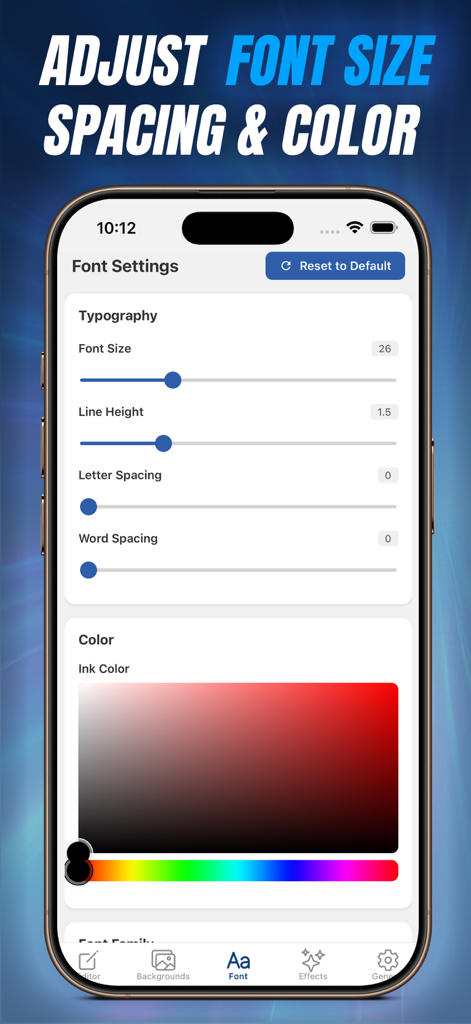 CursiveAI: Text to Handwriting - CursiveAI app interface for adjusting font size, spacing, and ink color for realistic handwriting.