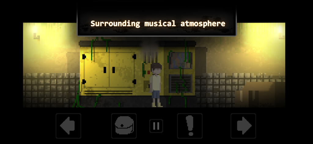 Psicosis - Pixel art gameplay of Psicosis featuring the character William standing in a dark room with yellow lighting and a text box mentioning musical atmosphere