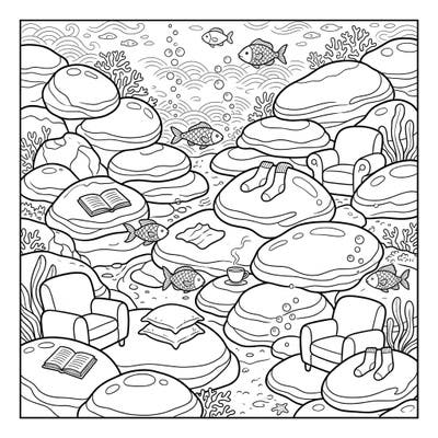 Escape to a unique underwater world where pillow lava formations transform into cozy nooks. This delightful coloring page combines the serene beauty of the deep sea with the comforting elements of a relaxing weekend.