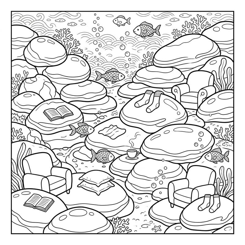 Escape to a unique underwater world where pillow lava formations transform into cozy nooks. This delightful coloring page combines the serene beauty of the deep sea with the comforting elements of a relaxing weekend.