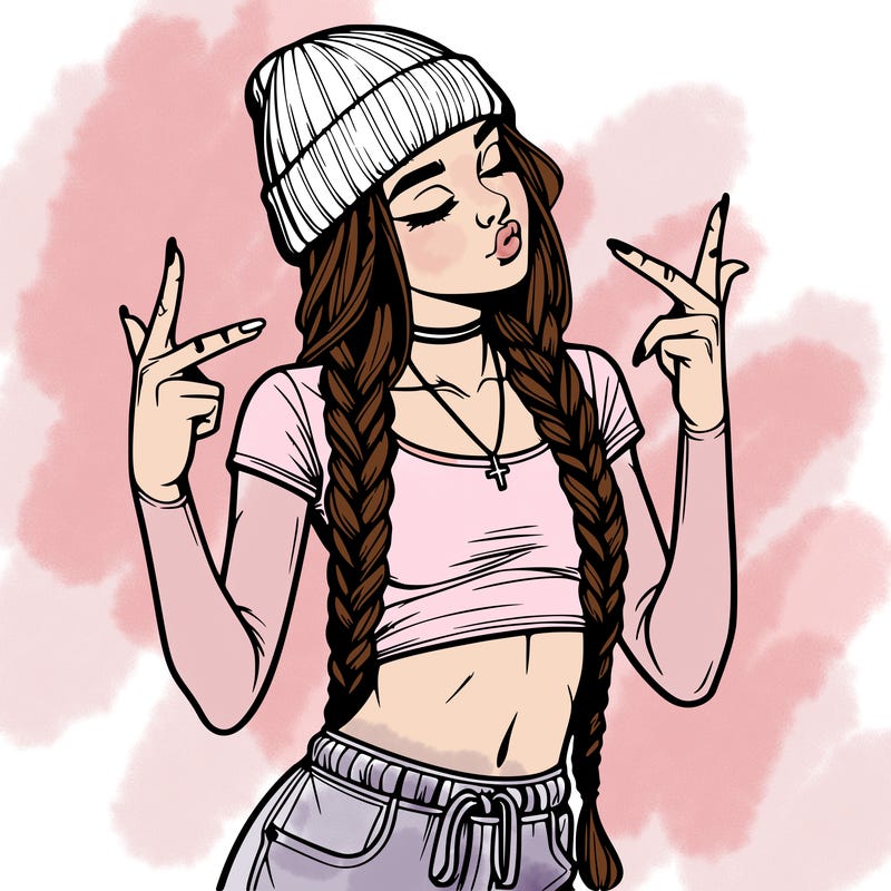 realistic teenage girl with braids and a beanie and crop top doing 🫶🏼