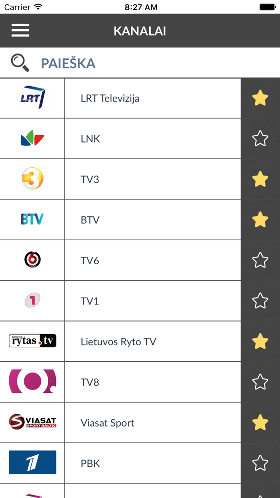 TV Programa Lietuva (LT) - Benutzeroberfläche der mobilen App mit einer Liste litauischer TV-Kanäle und Favoritensymbolen