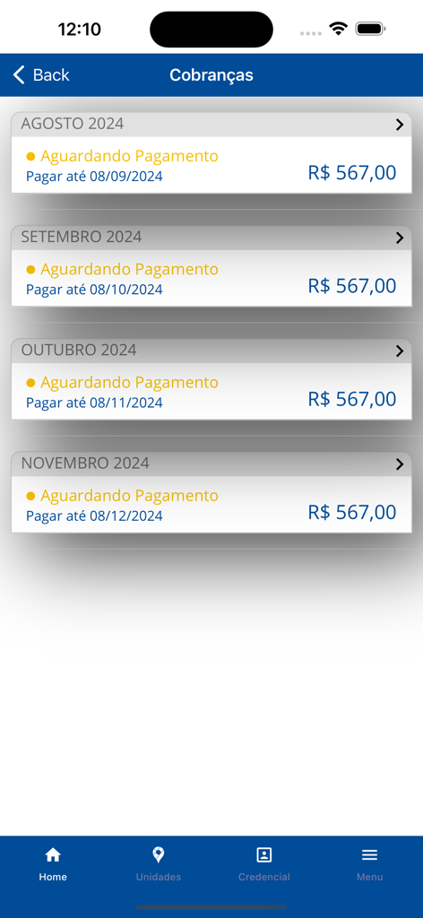 Schermata dell'app SESC PE che visualizza un elenco di addebiti mensili e stati di pagamento