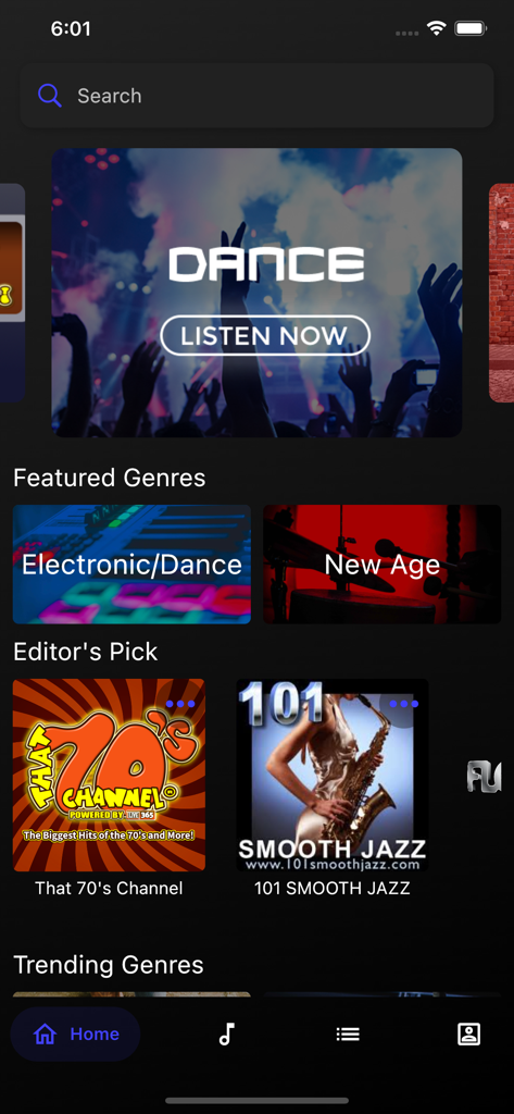 Home screen of the Live365 Radio app showing music genres and station picks