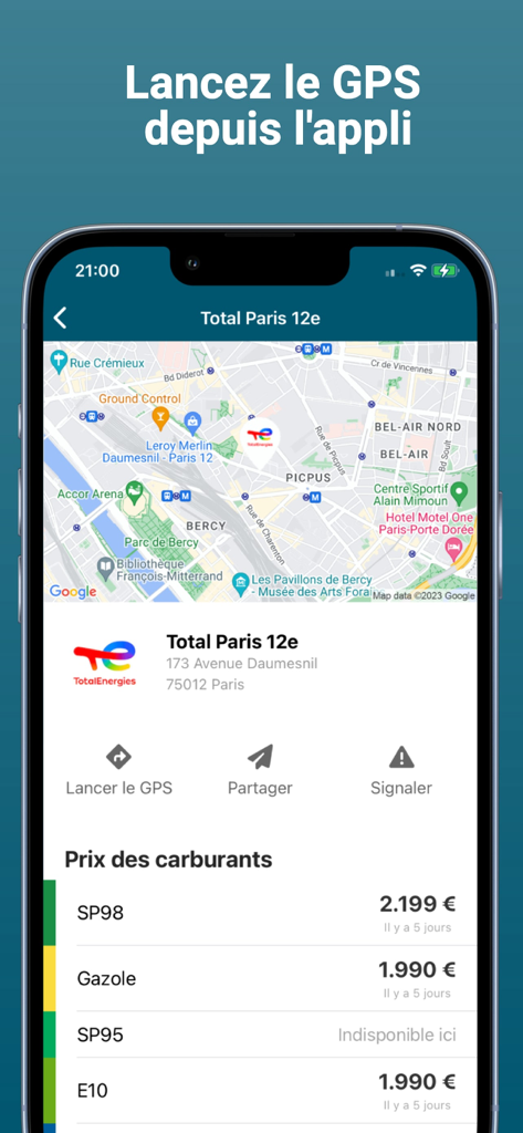 Mon Essence - Prix carburants - Ecrã de aplicação móvel mostrando a localização do posto de gasolina e os preços do combustível com um botão de navegação