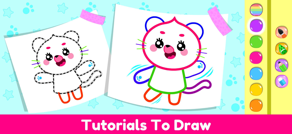 Coloring Games for Kids, Baby. - A step by step drawing tutorial screen showing a dotted outline and a fully colored cartoon cat.