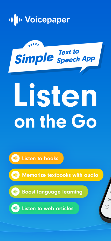 Voicepaper app introduction screen highlighting text to speech features for books textbooks and web articles