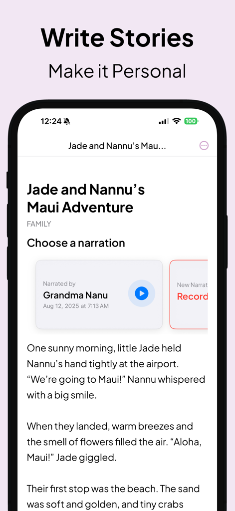 Story Time Together: Kid Books - Mobile app interface for Story Time Together showing a personalized children's book with a voice narration recorded by a grandmother