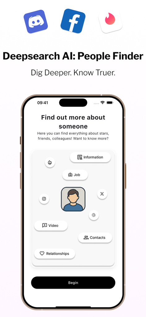 Interface do aplicativo Deepsearch AI People Finder mostrando categorias de pesquisa como perfis sociais, empregos e relacionamentos