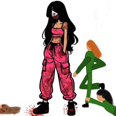 girl in baggy pants crop top and long hair