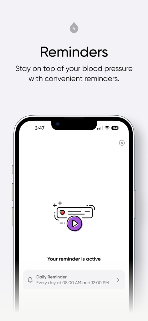 A screenshot of the Simple Blood Pressure Tracker app showing the active daily reminders feature for blood pressure measurements.