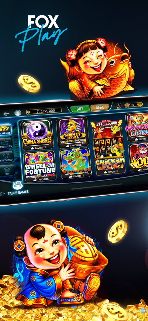 FoxPlay Casino mobile app interface showing a selection of popular slot games and bonus characters with gold coins.