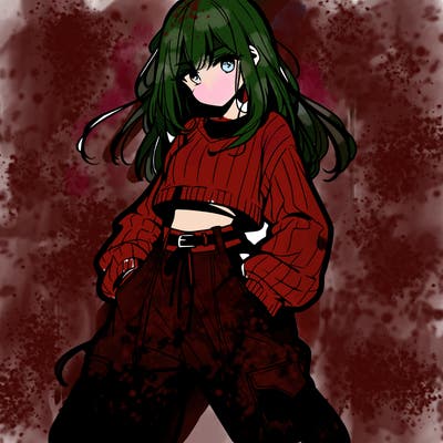 anime teen girl with baggy pants and crop top with sweater