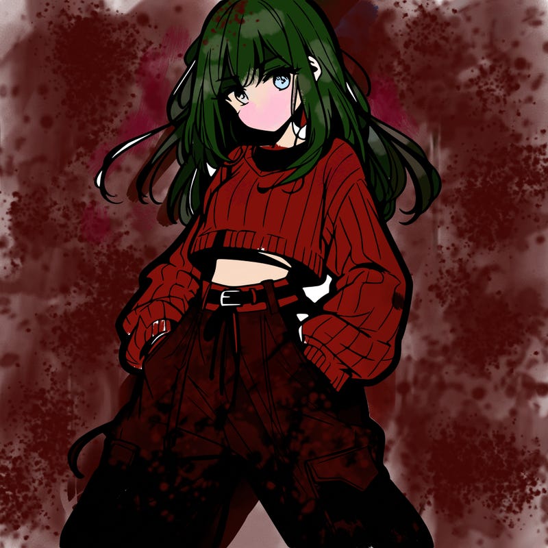 anime teen girl with baggy pants and crop top with sweater