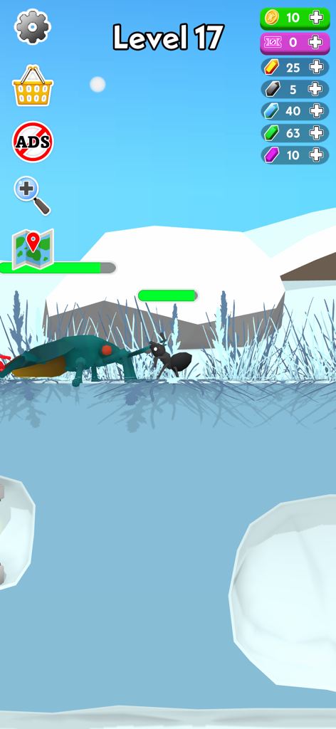 Empire of Ants - Idle Game - An ant battling a large beetle in a snowy landscape within the Empire of Ants idle game