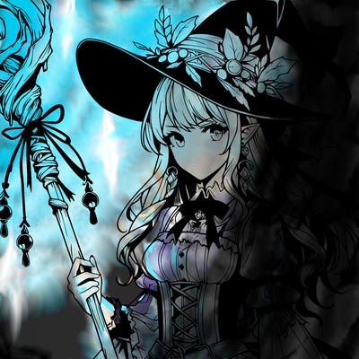 a realistic fantasy manga witch with a staff