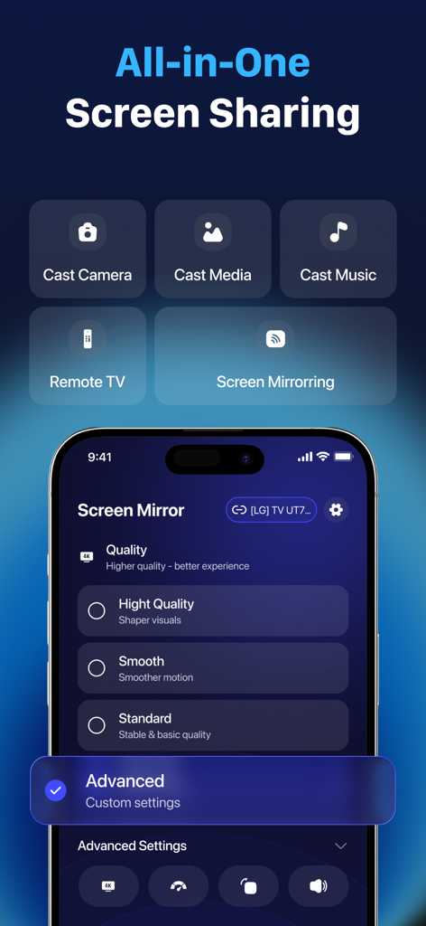 Flujo: Screen Control - Interface of the Flujo app showing all-in-one screen sharing options and advanced mirroring quality settings on an iPhone