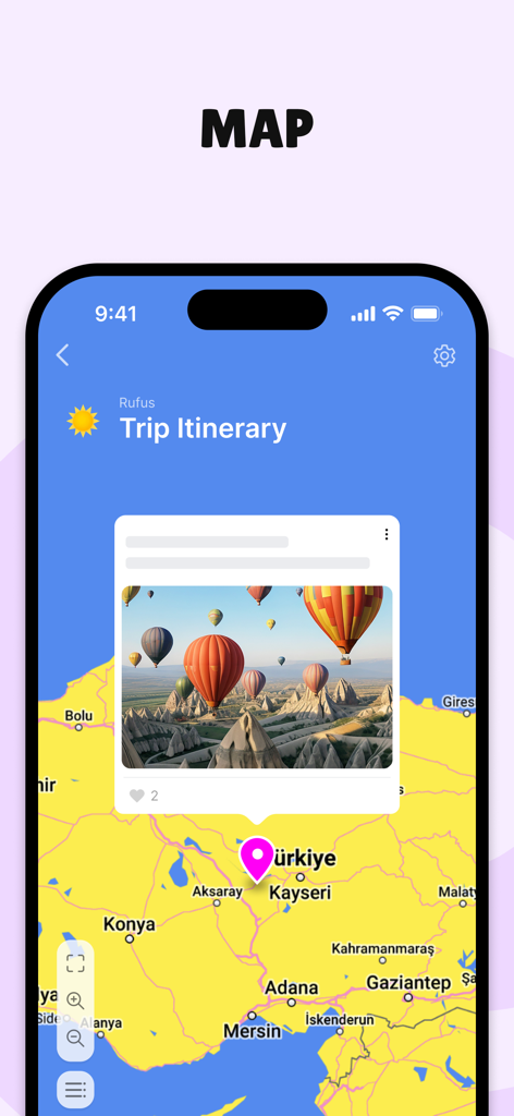 Padlet - Interface de l'application Padlet affichant une carte de la Turquie avec une épingle indiquant l'itinéraire du voyage et une photo de montgolfières.