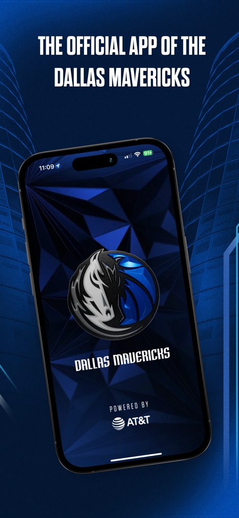 La schermata di avvio dell'app ufficiale dei Dallas Mavericks con il logo della squadra su un iPhone.