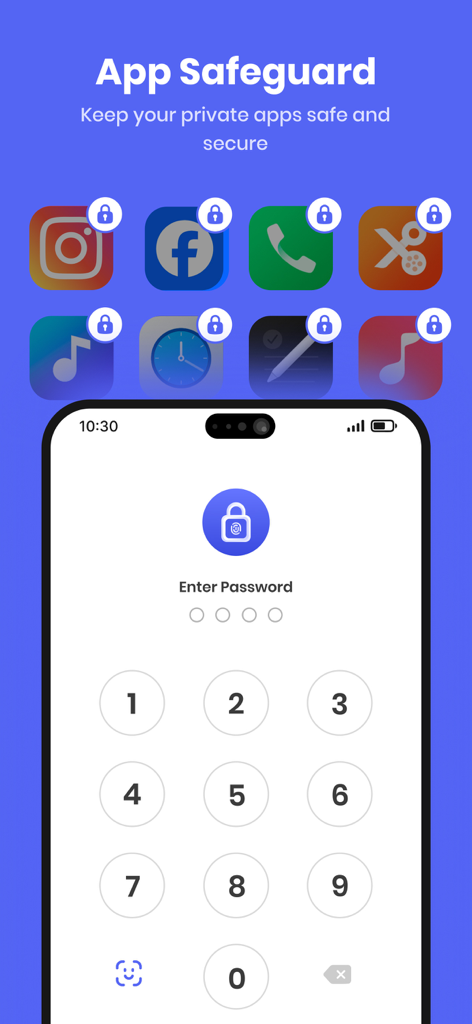 AppLock - App Lock & Guard - AppLock Guard security interface showing a numeric keypad for password entry and locked social media icons