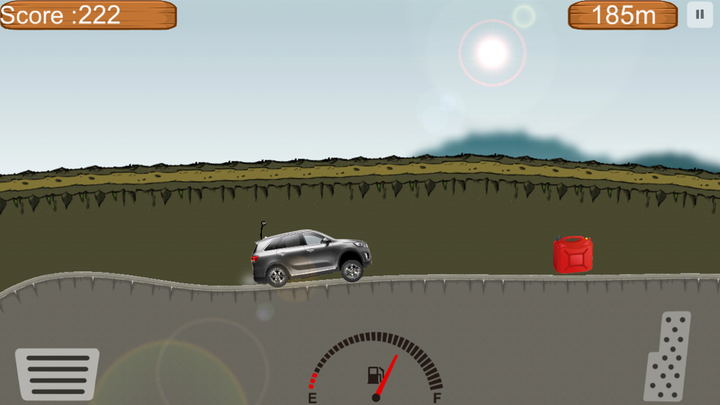 4X4 Top SUVs Climbing Hill Top Racing Game - A silver SUV driving on a hill in a 2D physics racing game with fuel and score displays.