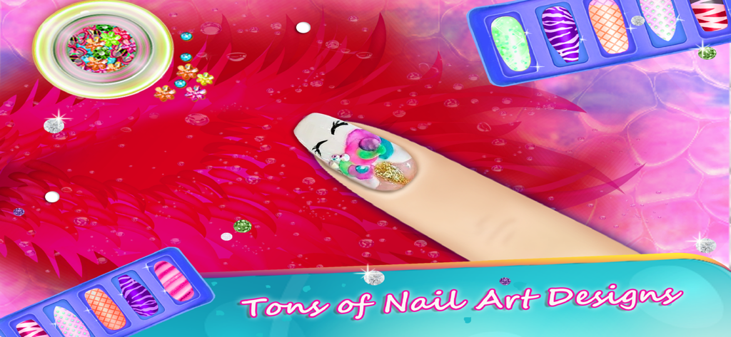 Fashion Nail Art Salon Games - A close-up of a creative unicorn nail art design with colorful patterns and glitter in a fashion salon game.