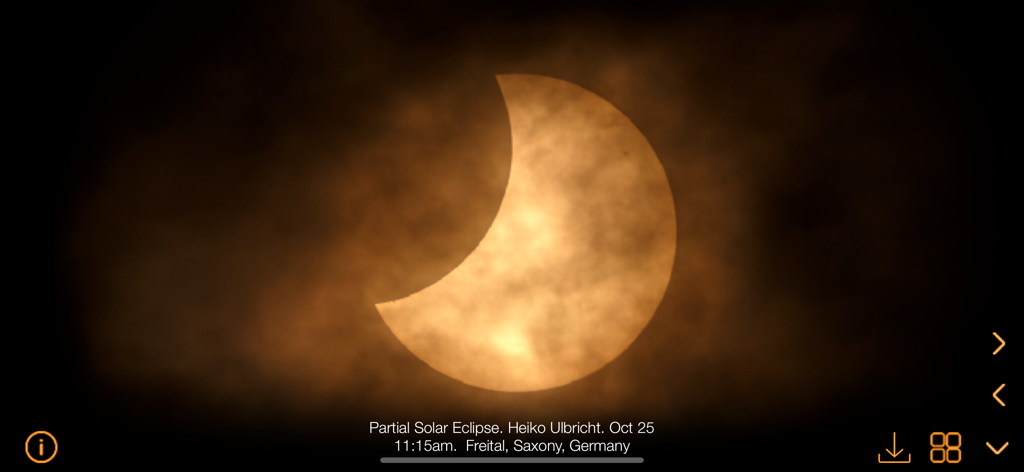 A partial solar eclipse displayed in the Solar Alert app interface