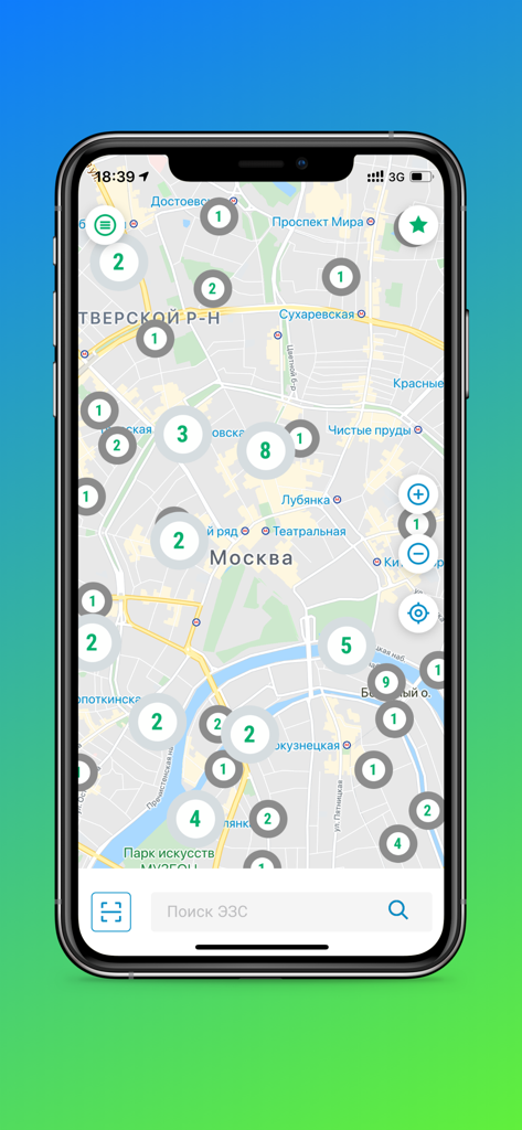 Volt EV - A smartphone showing a map with clustered electric vehicle charging station locations in the Volt EV app.