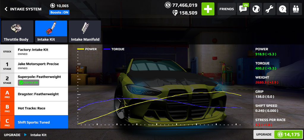 Rush Racing 2 - Drag Racing - Rush Racing 2 intake system upgrade screen with performance stats and graphs