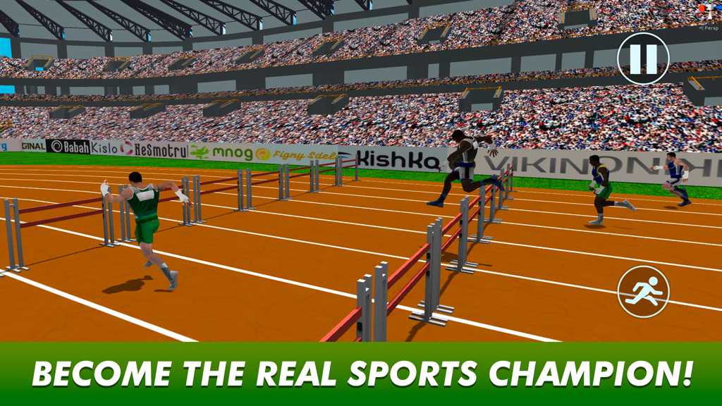 3D graphics of athletes jumping over hurdles on a track during a stadium race