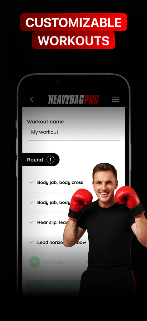 Boxing Training: Bag Workouts - Heavy Bag Pro mobile app interface showcasing the customizable boxing workout builder with a list of punch combinations.