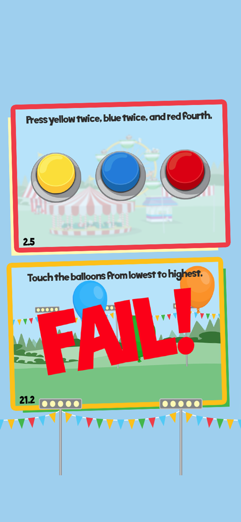 Una captura de pantalla del juego The Moron Test 2 que muestra acertijos lógicos con botones y globos, y un gran sello rojo FAIL.