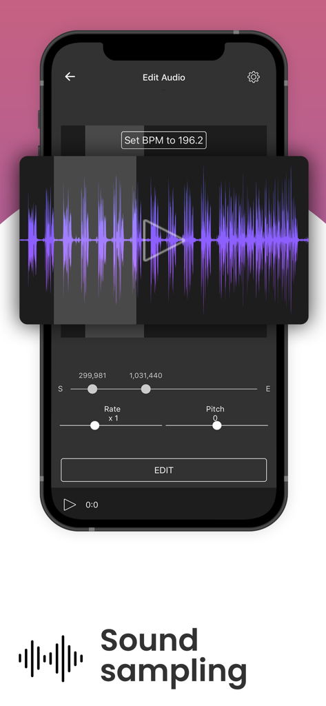 Tize: Music & Beat Maker - Mobile screen showing the Tize app audio sampling and waveform editing interface