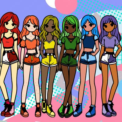 a group of girls wearing crop tops and shorts